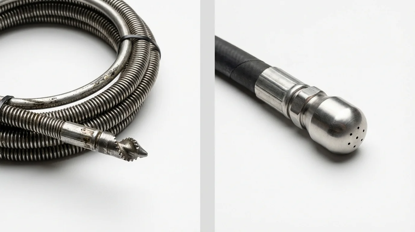 Drain snake cable and hydro jetting nozzle used for drain cleaning in Cooperstown, ND
