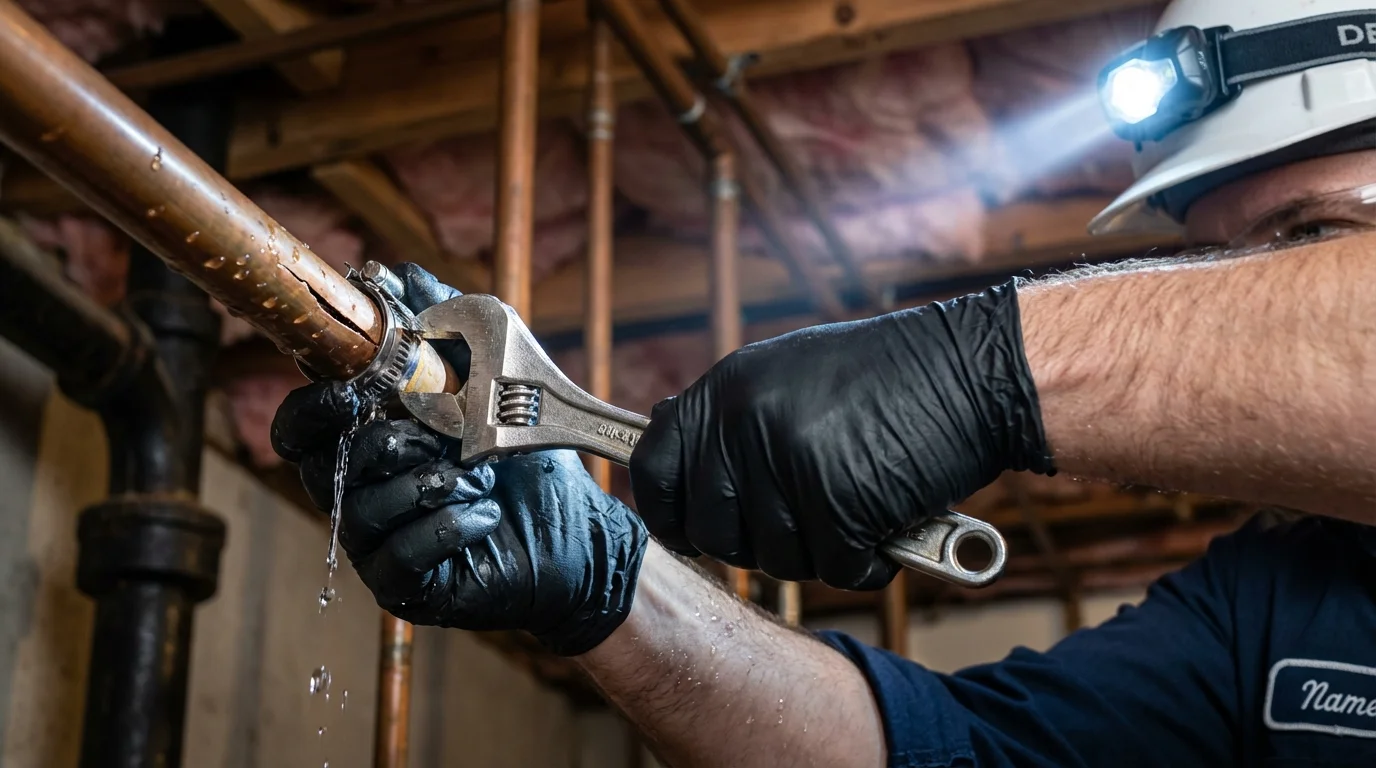Emergency pipe clamp repair being performed by a Johns Plumbing LLC plumber in Cooperstown