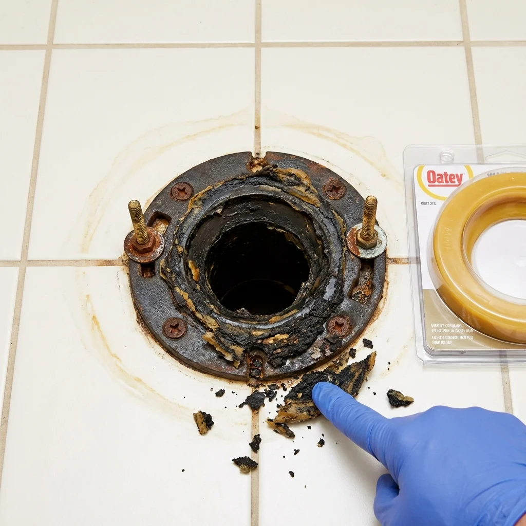 Failed wax ring showing water seepage at the base of a toilet in a Cooperstown, ND home