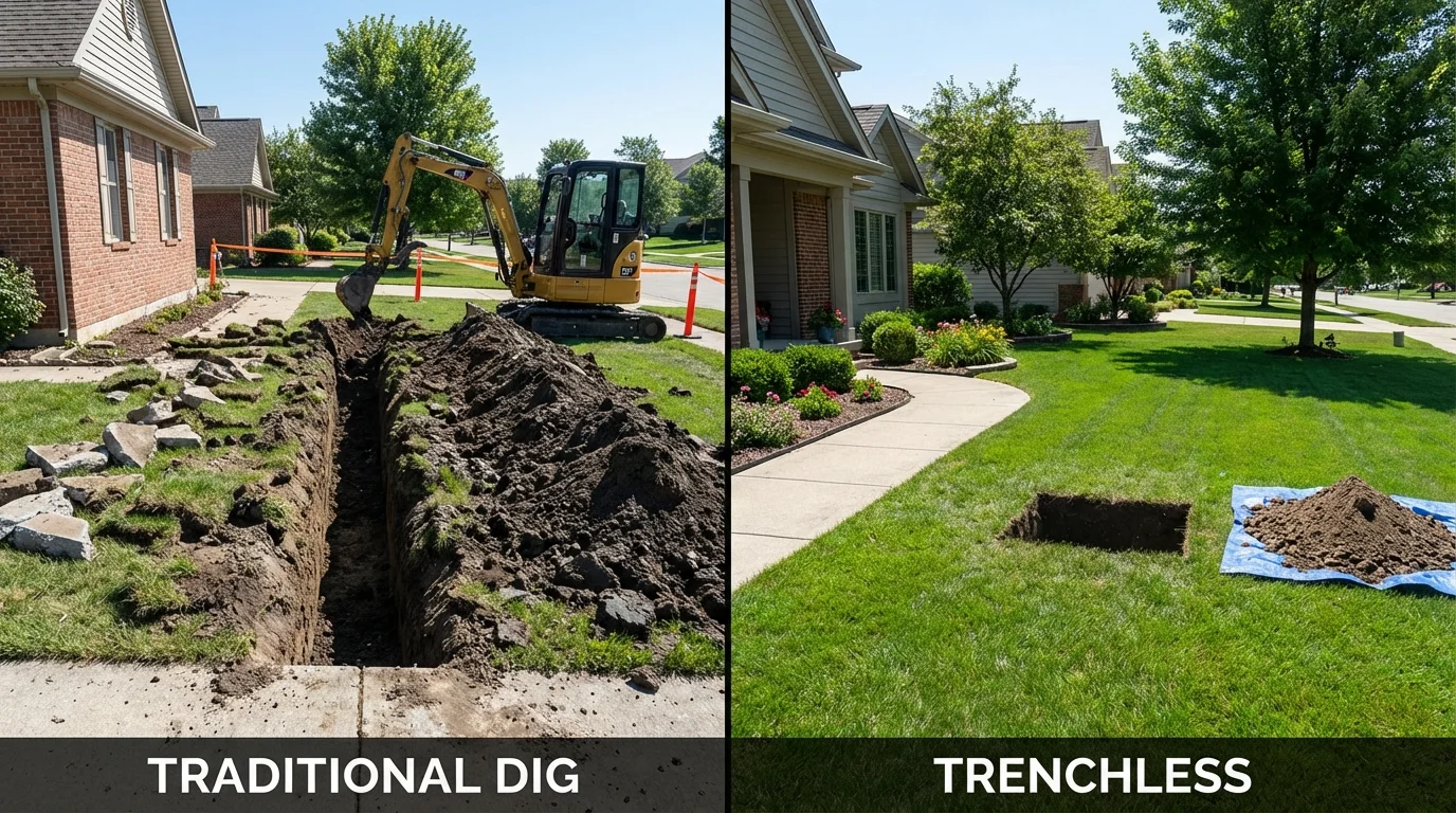 Trenchless sewer repair with minimal yard damage versus traditional excavation in Cooperstown, ND