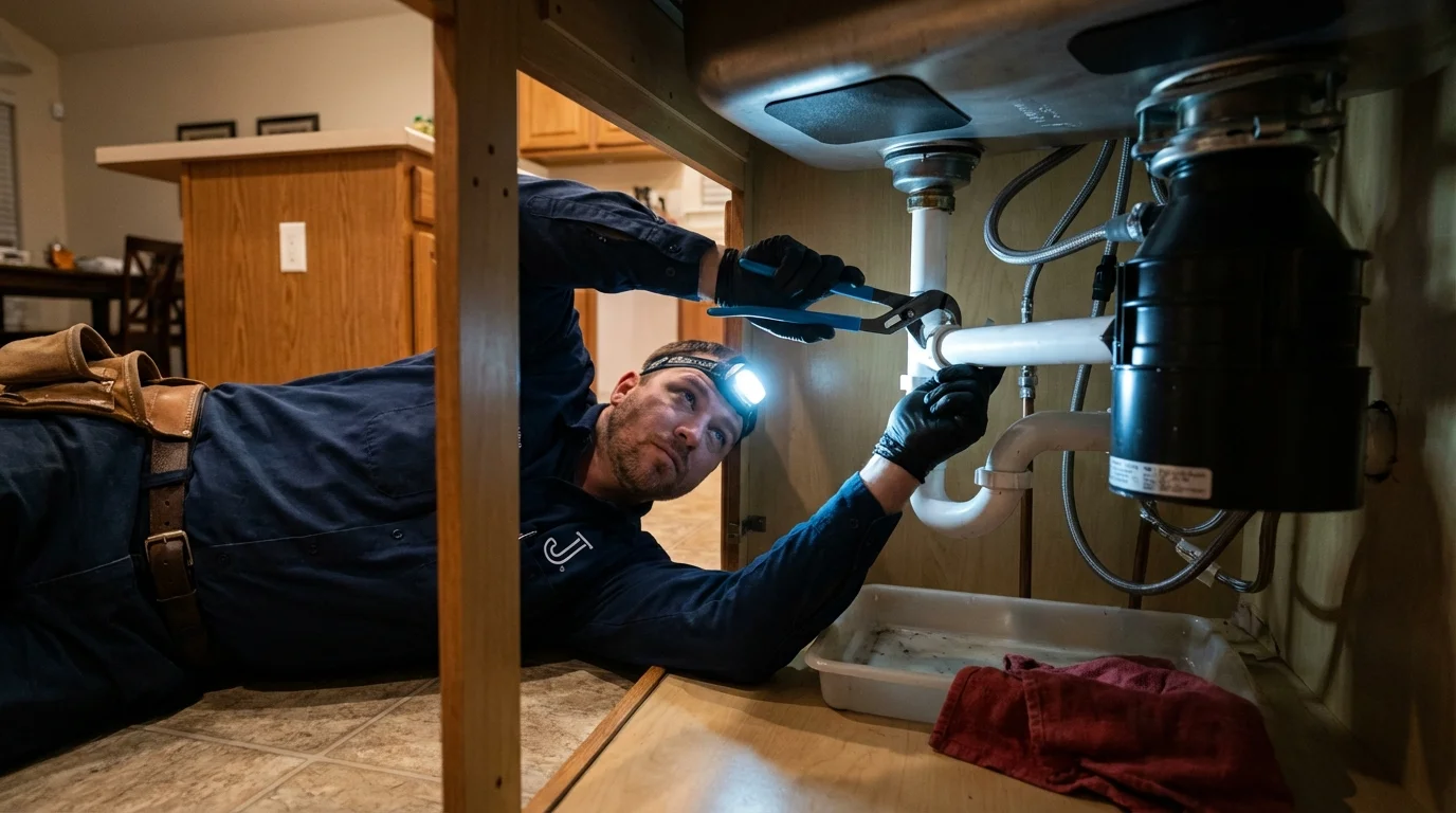 P-trap and supply line connections under a kitchen sink showing a common leak point in Cooperstown, ND